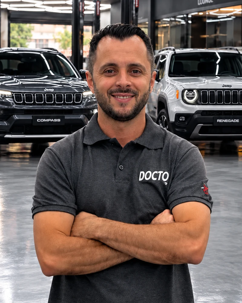 Retrato de Vinícius Rodrigues com um Jeep Compass e um Renegade ao fundo